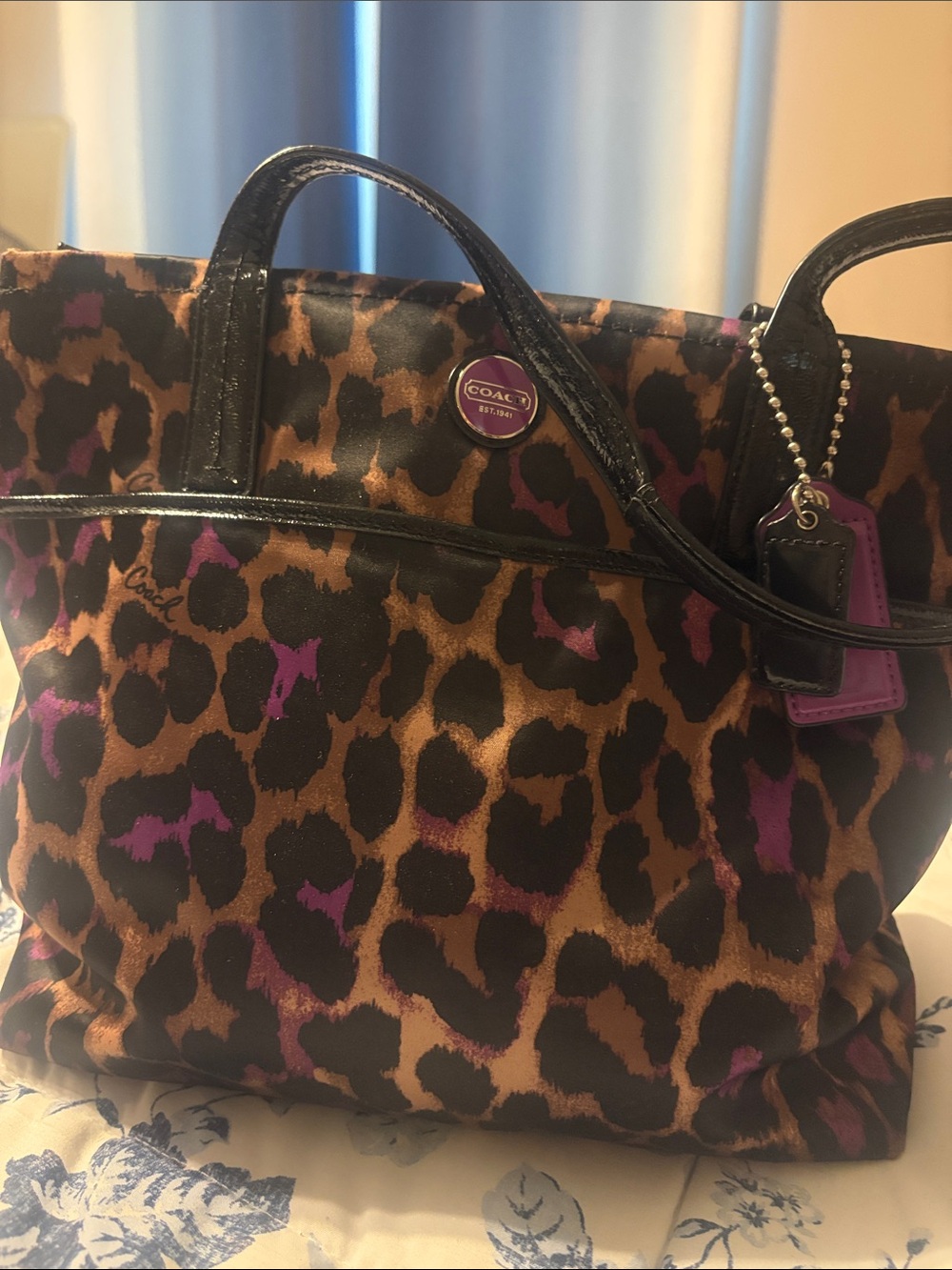 Coach Leopard Print Tote Bag with Purple Accents